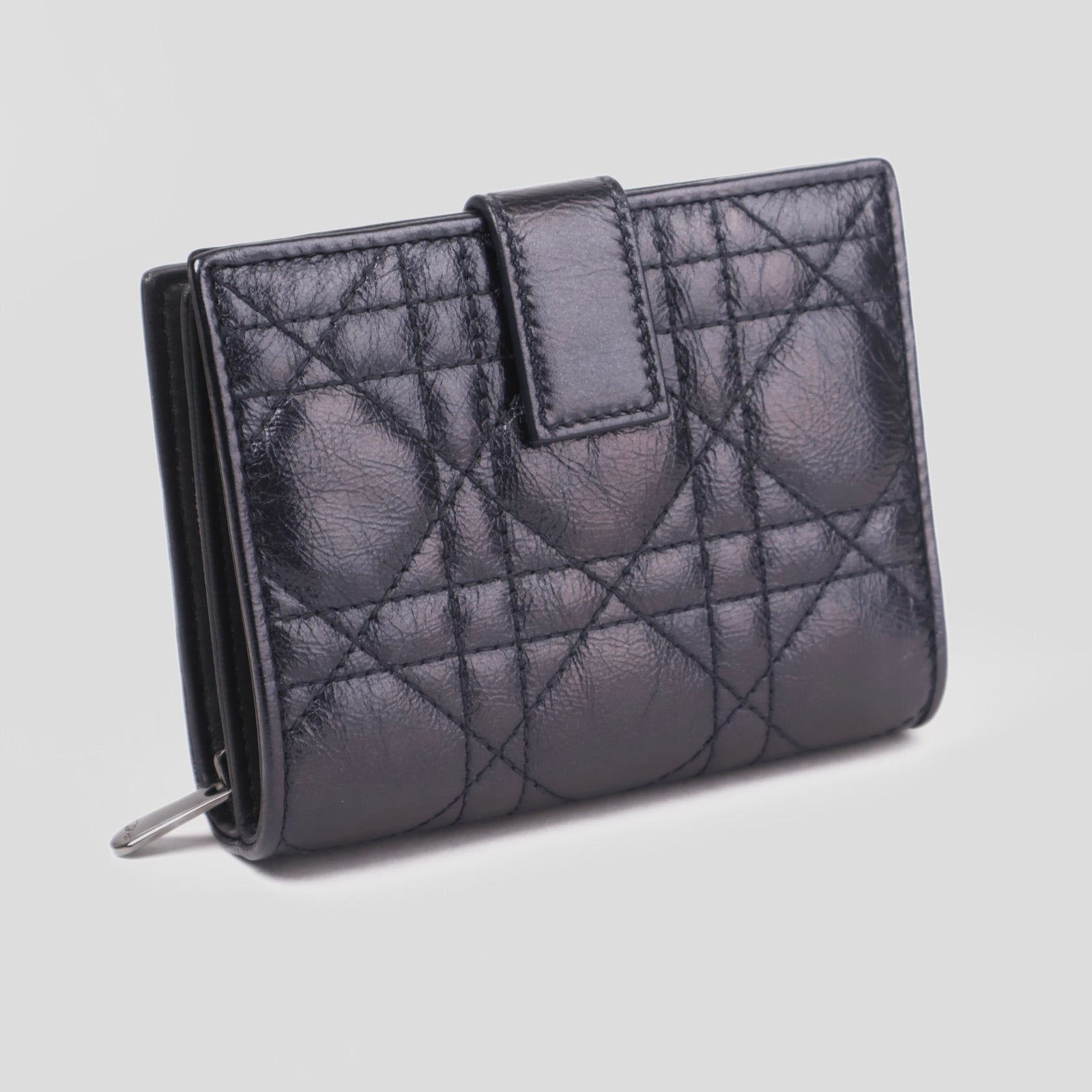 J3669-Dior Metallic Midnight Blue Cannage Quilted Leather Compact French Wallet- Pre Owned