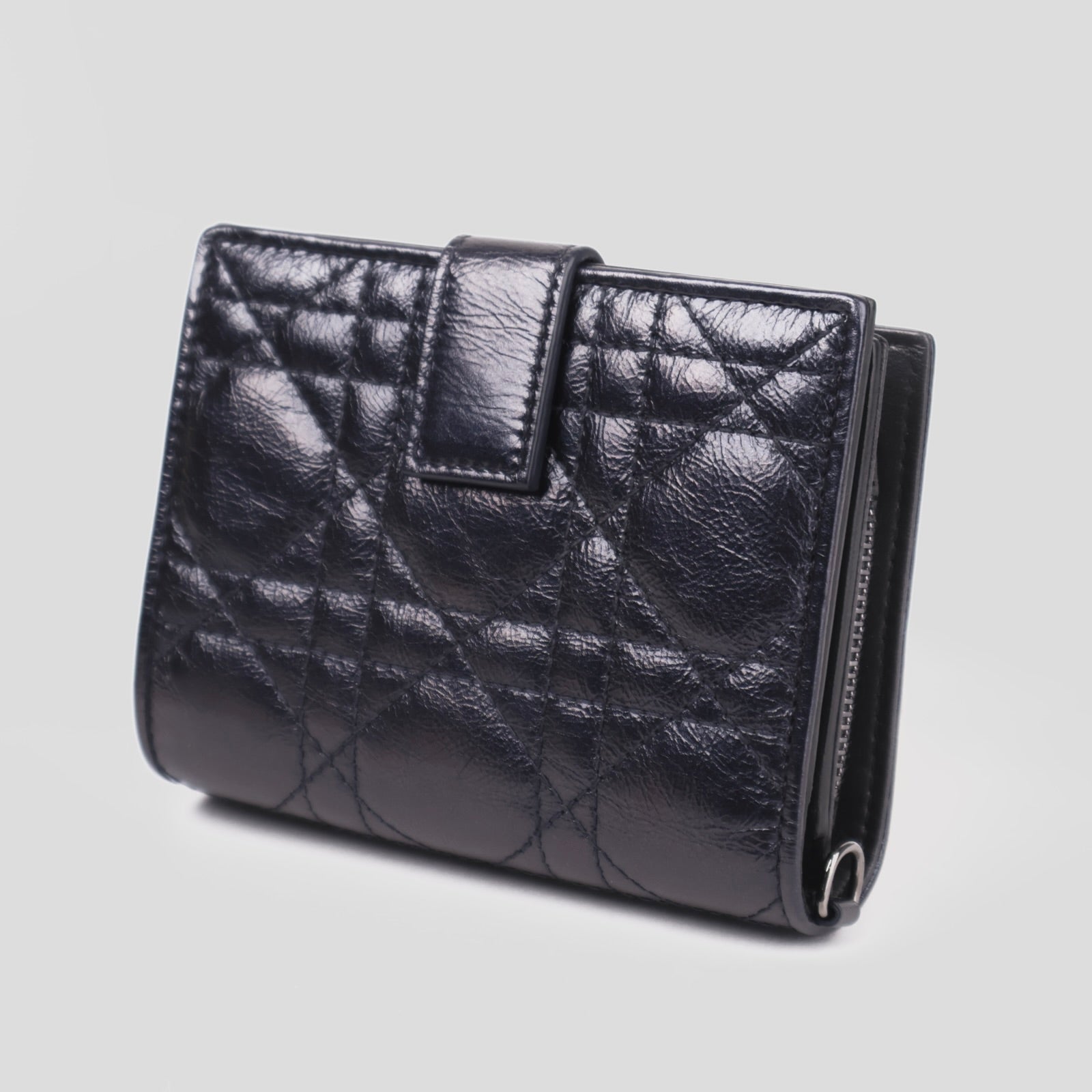 J3669-Dior Metallic Midnight Blue Cannage Quilted Leather Compact French Wallet- Pre Owned