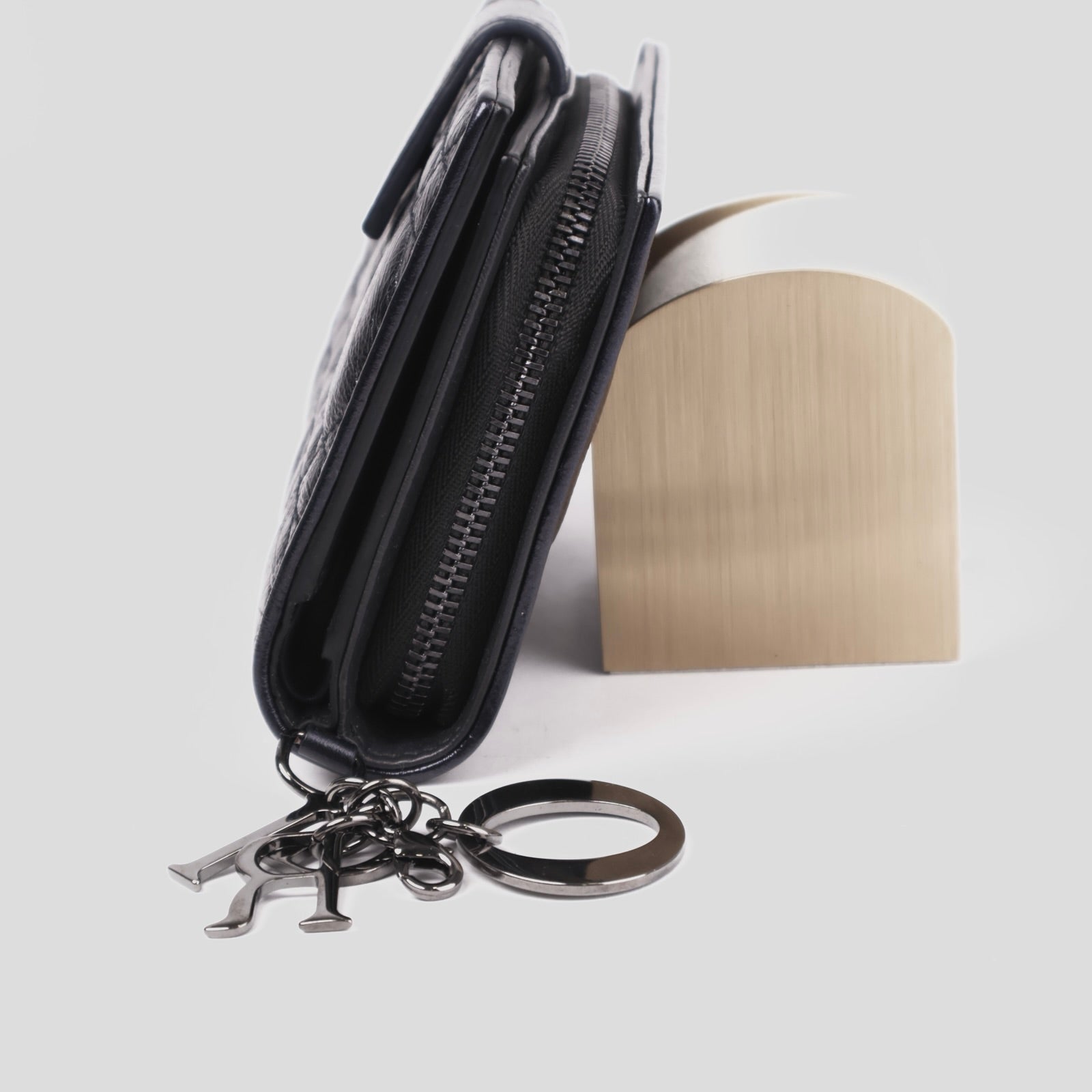 J3669-Dior Metallic Midnight Blue Cannage Quilted Leather Compact French Wallet- Pre Owned