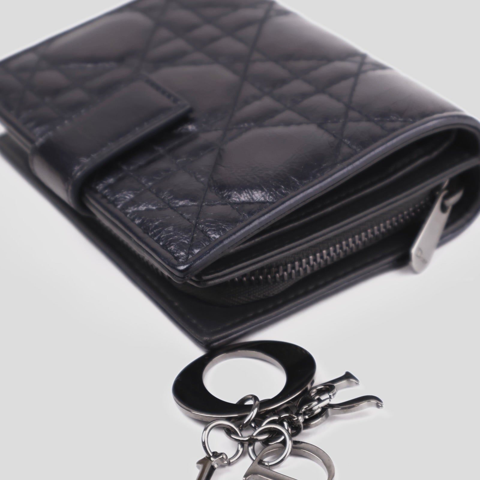 J3669-Dior Metallic Midnight Blue Cannage Quilted Leather Compact French Wallet- Pre Owned