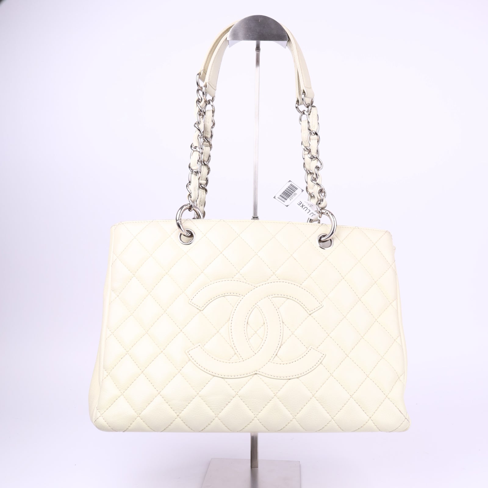 J3706-CHANEL Bone Quilted Caviar Leather Grand Shopping Tote Bag- Pre Owned