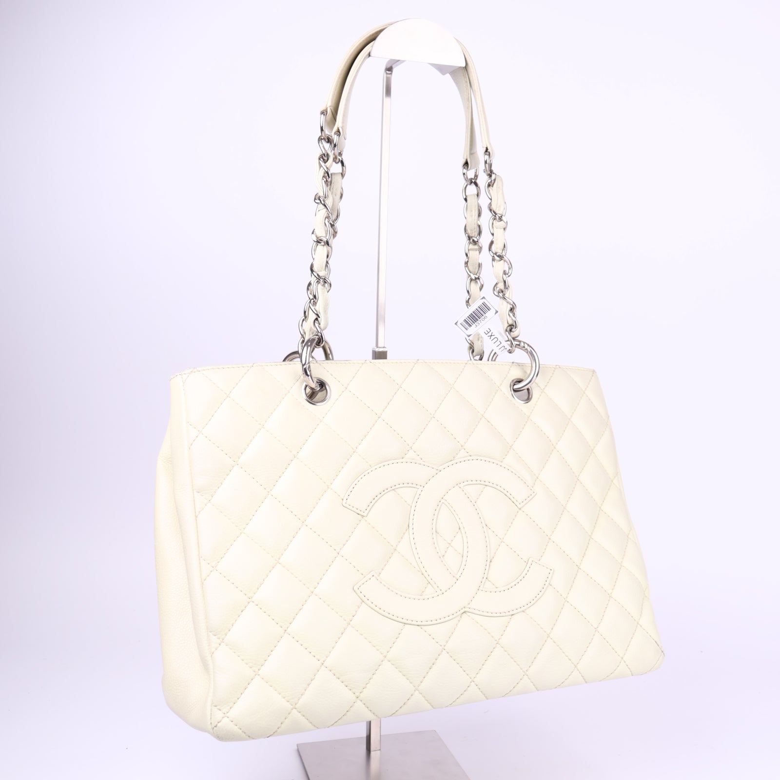 J3706-CHANEL Bone Quilted Caviar Leather Grand Shopping Tote Bag- Pre Owned