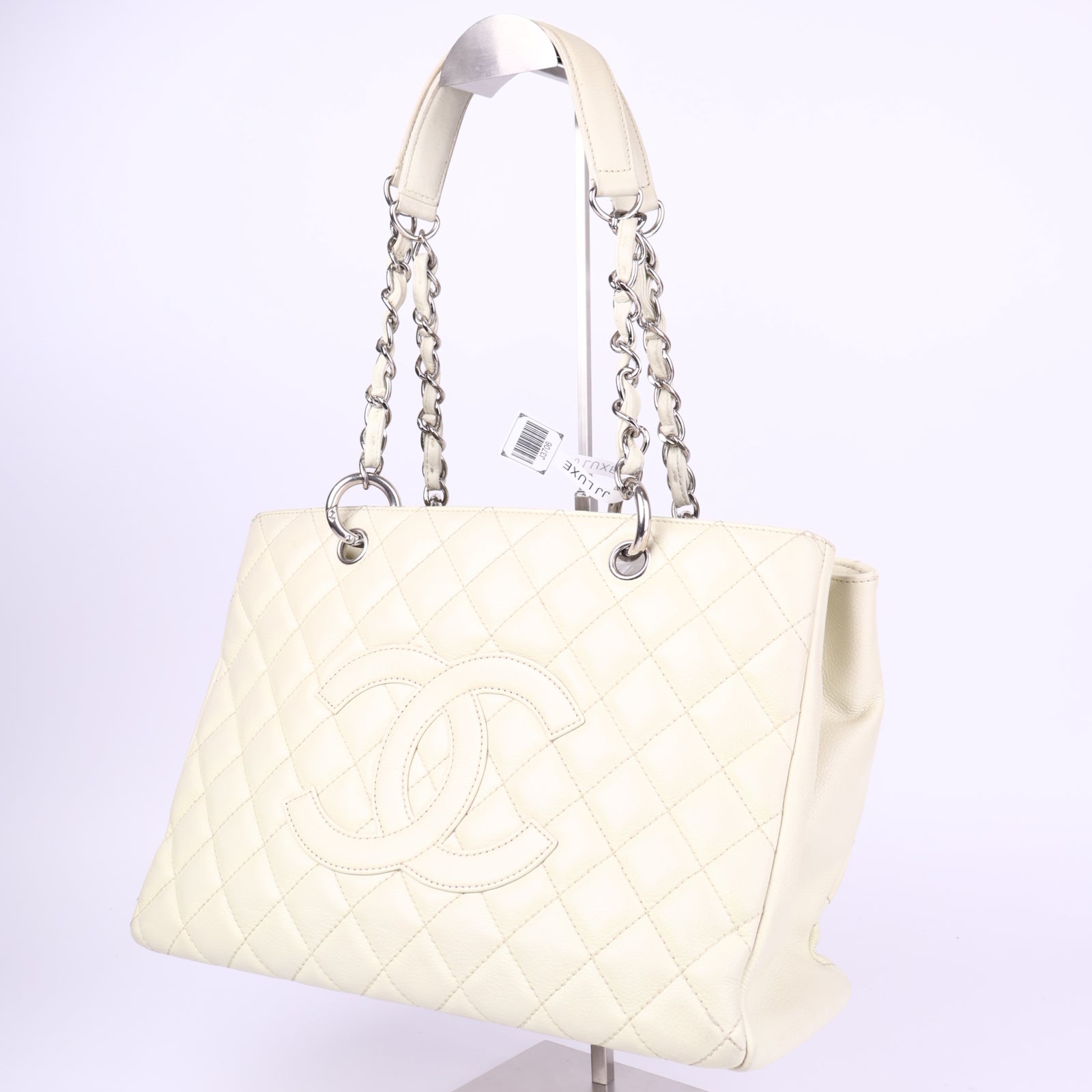 J3706-CHANEL Bone Quilted Caviar Leather Grand Shopping Tote Bag- Pre Owned