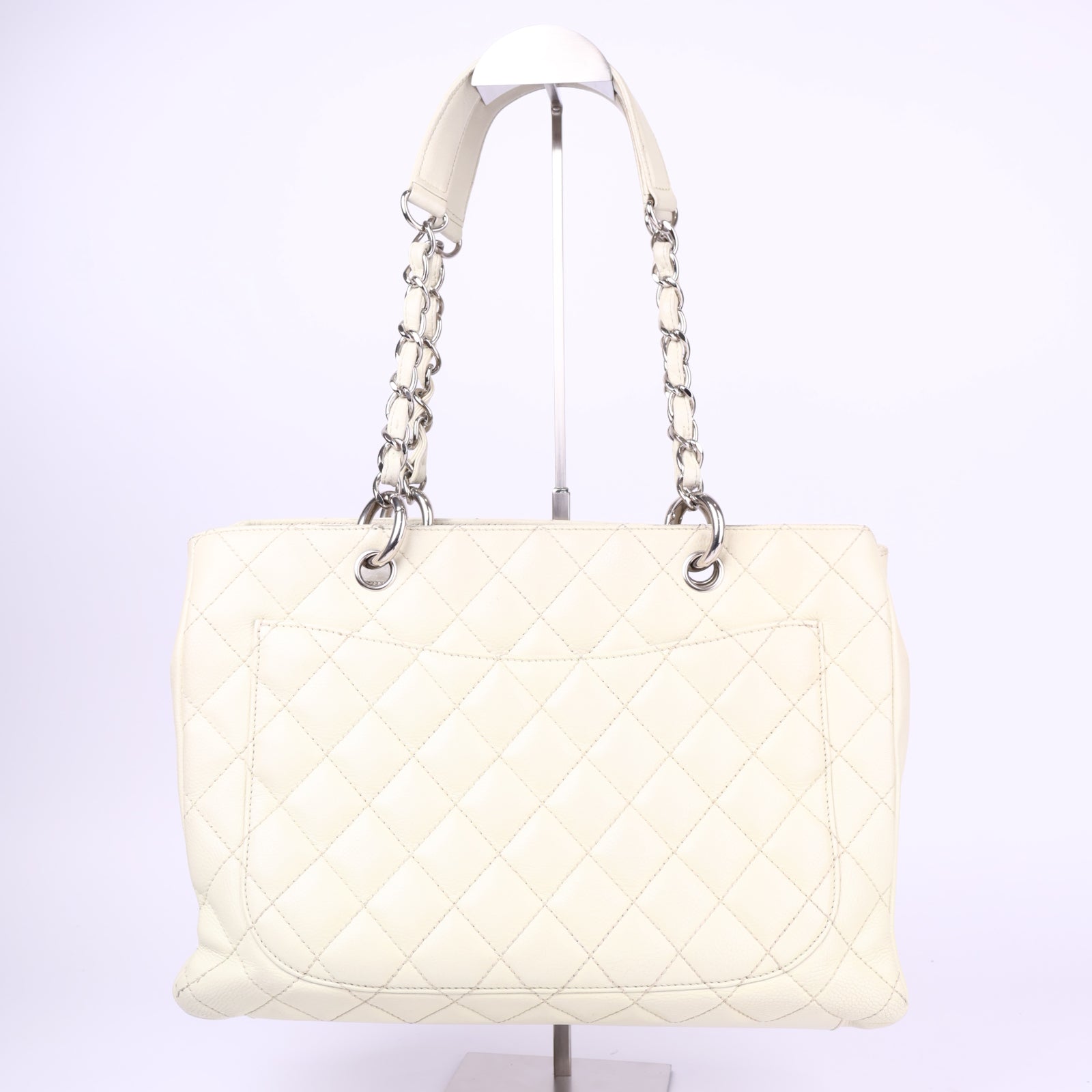 J3706-CHANEL Bone Quilted Caviar Leather Grand Shopping Tote Bag- Pre Owned