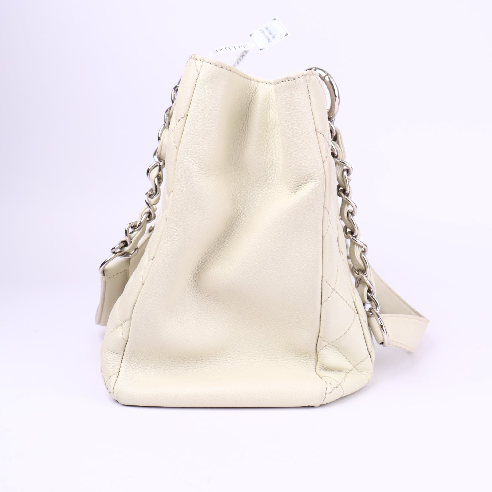 J3706-CHANEL Bone Quilted Caviar Leather Grand Shopping Tote Bag- Pre Owned