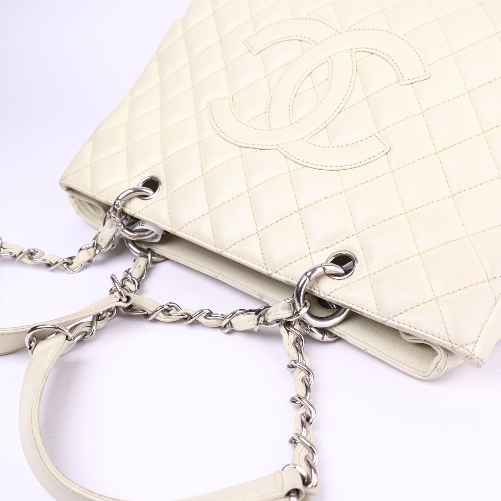J3706-CHANEL Bone Quilted Caviar Leather Grand Shopping Tote Bag- Pre Owned