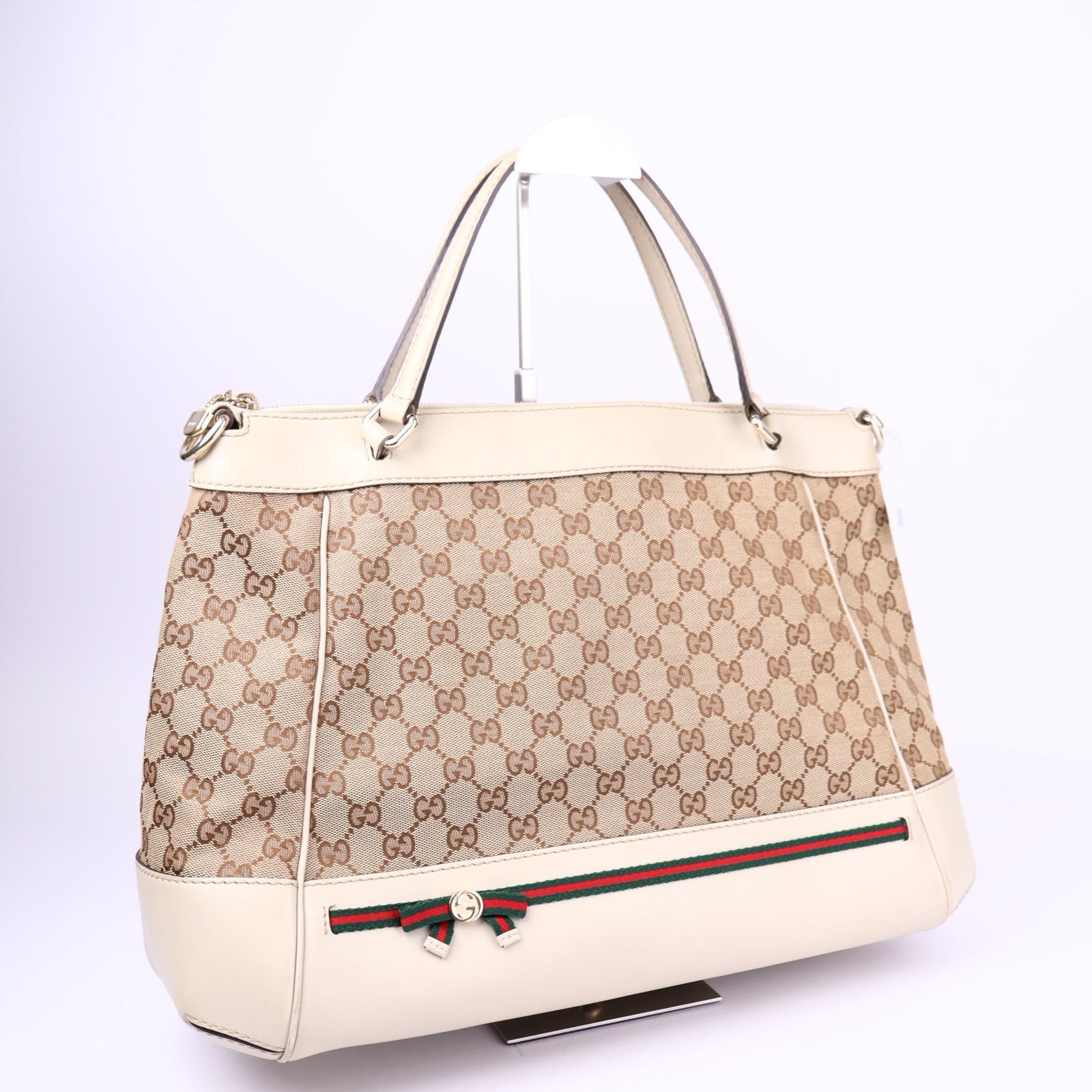 J3673-Gucci GG Canvas Sherry Line Tote/Shoulder Bag Beige- Pre Owned