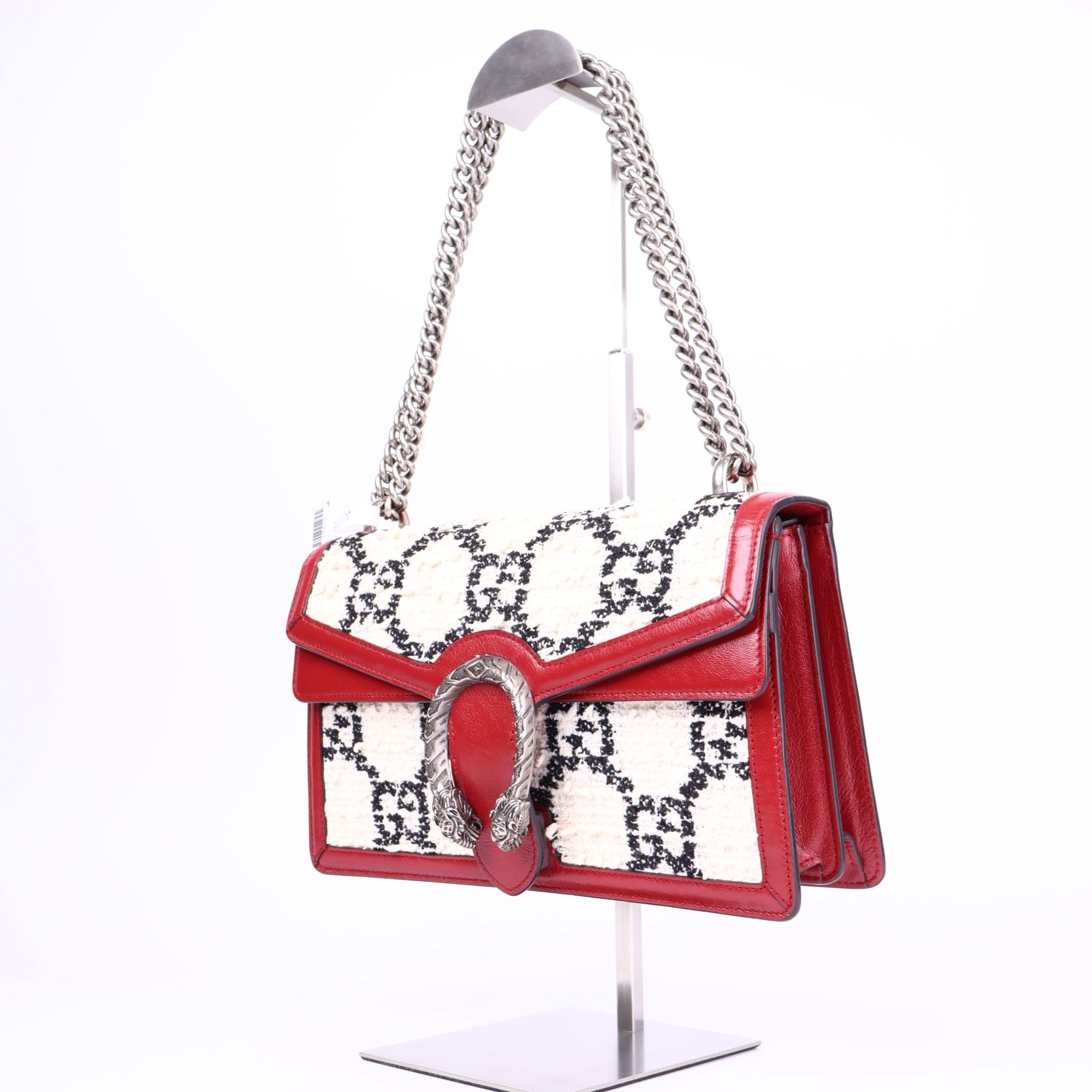 J3707-Tweed GG Monogram Small Dionysus Shoulder Bag White Black Romantic Cherry- Pre Owned
