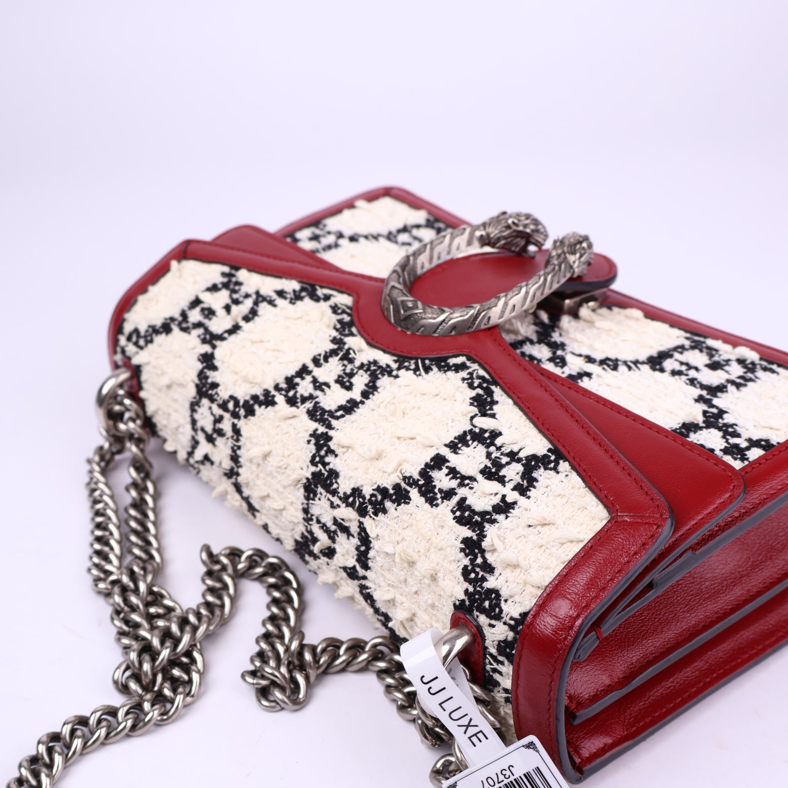 J3707-Tweed GG Monogram Small Dionysus Shoulder Bag White Black Romantic Cherry- Pre Owned