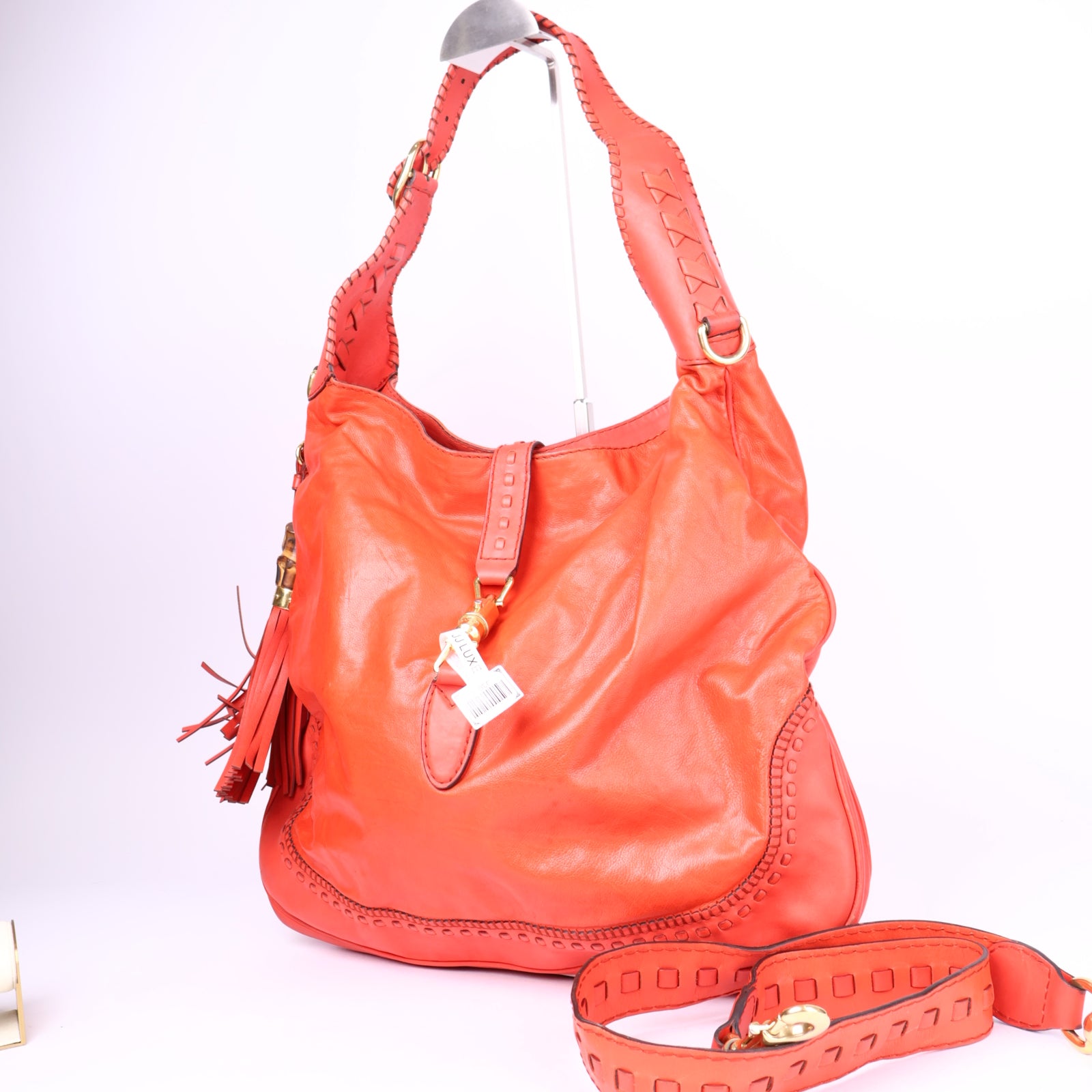 J3681-Gucci Coral Red Leather Large New Jackie Hobo- Pre Owned