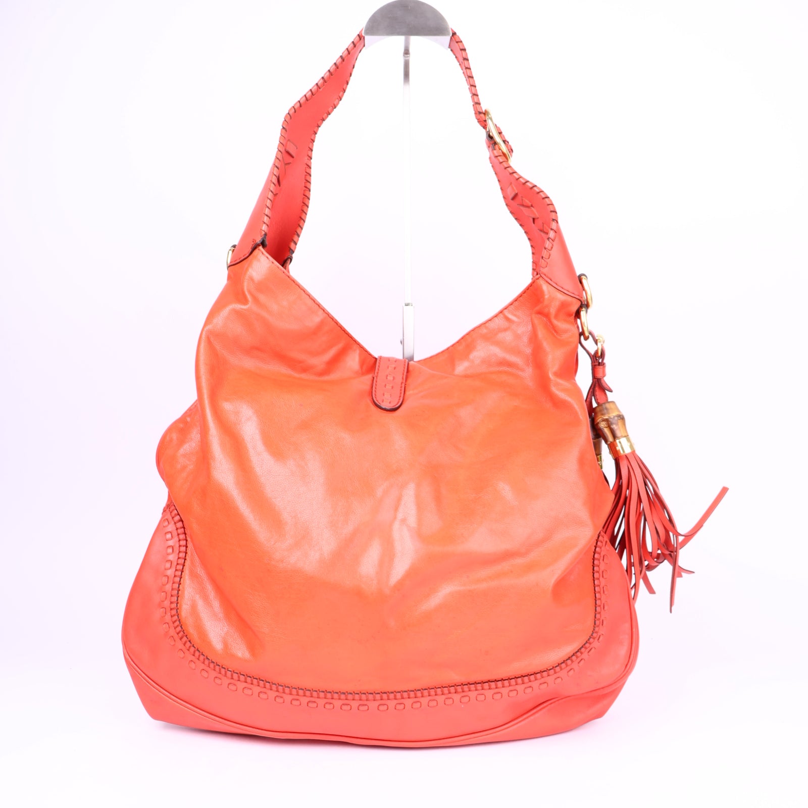 J3681-Gucci Coral Red Leather Large New Jackie Hobo- Pre Owned