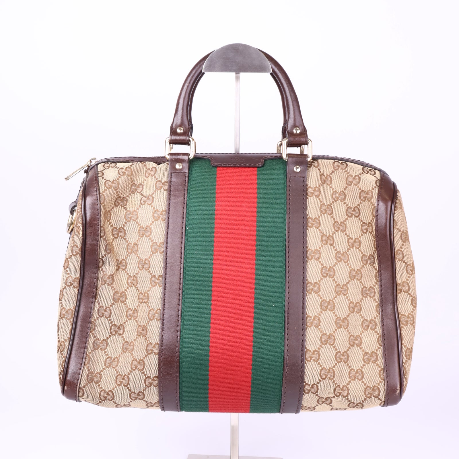 J3678-Gucci Boston Vintage Web GG Medium Dark Brown- Pre Owned
