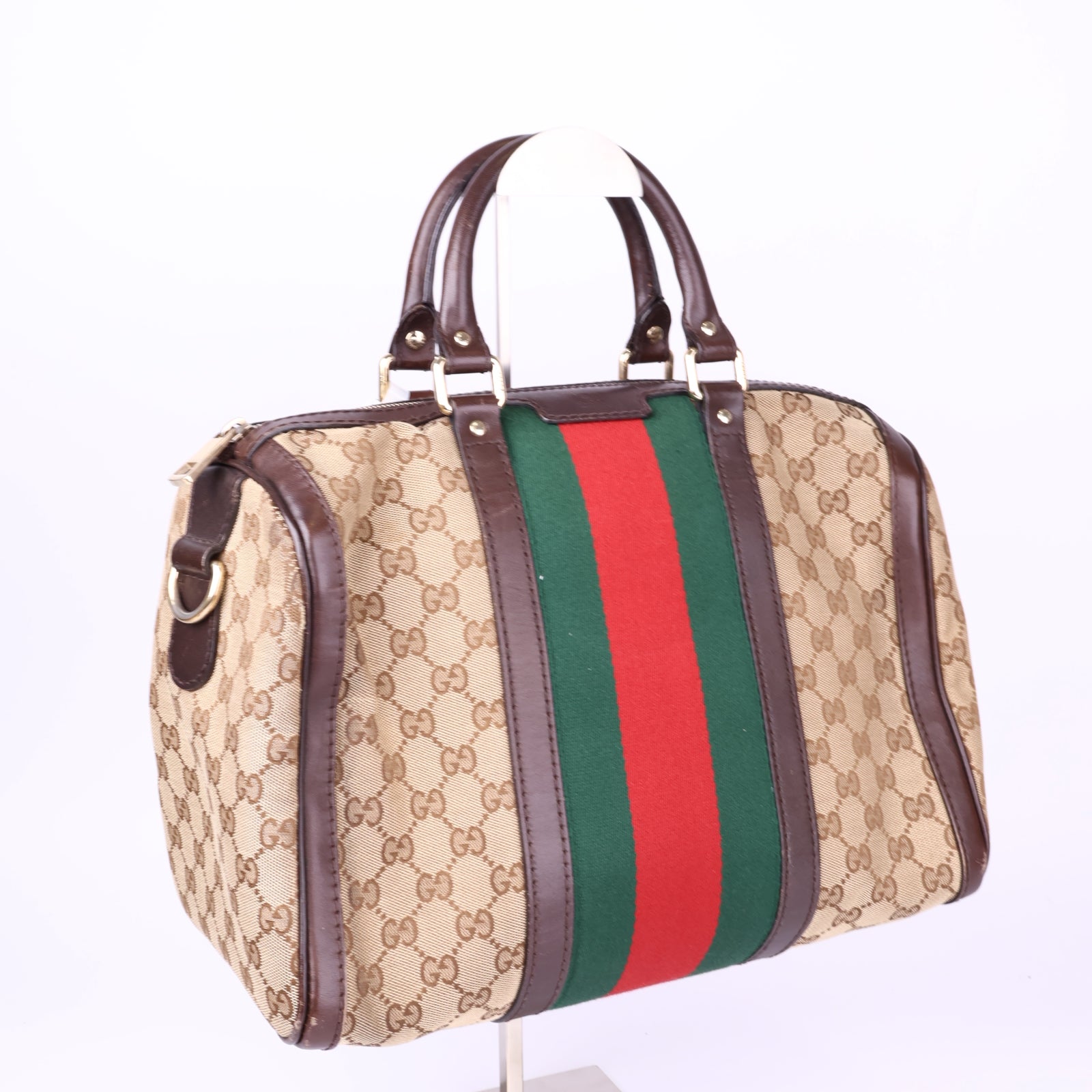 J3678-Gucci Boston Vintage Web GG Medium Dark Brown- Pre Owned