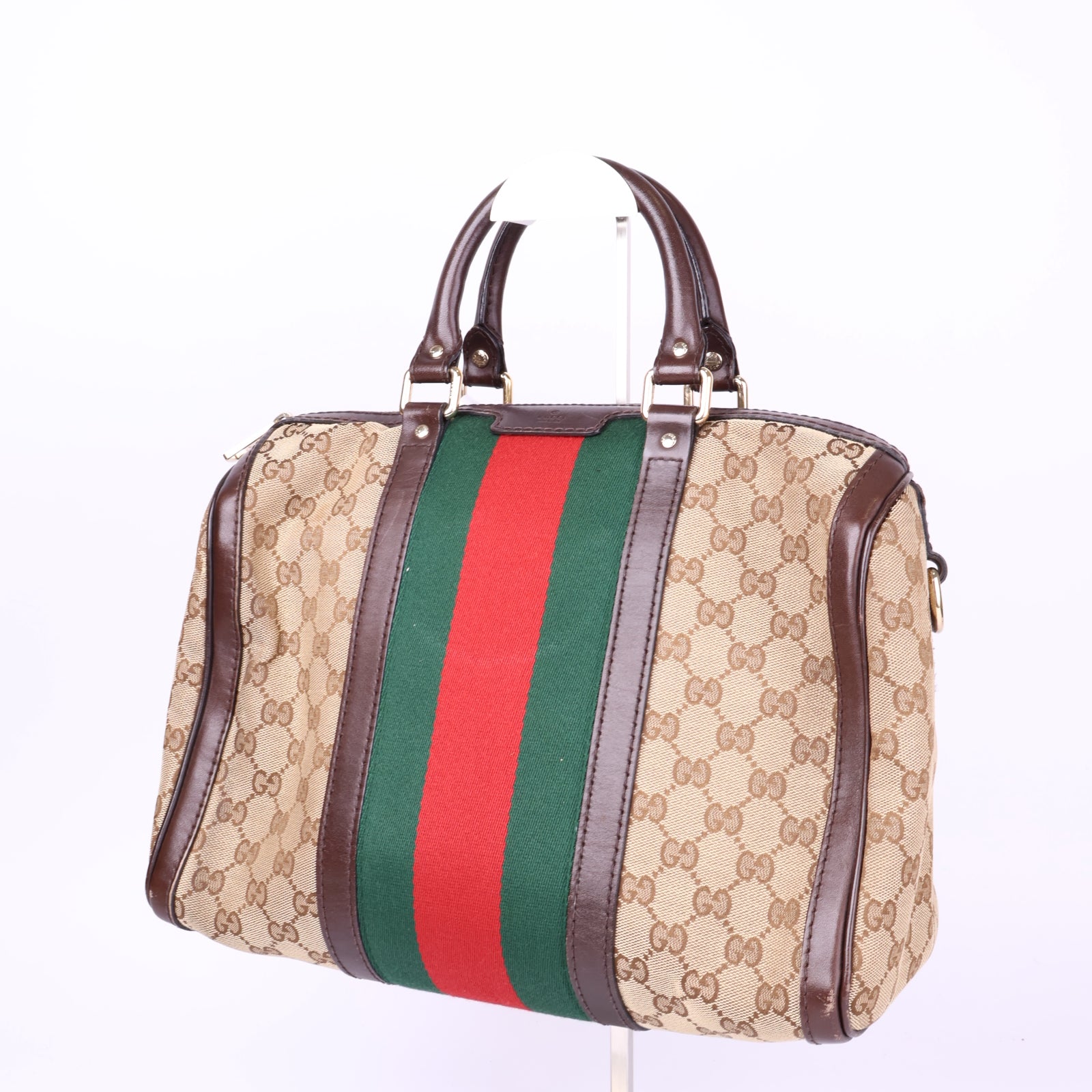 J3678-Gucci Boston Vintage Web GG Medium Dark Brown- Pre Owned