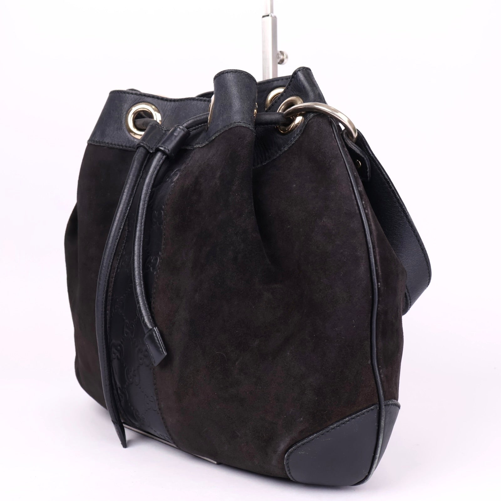 J3505 Gucci Brown Suede and Leather Drawstring Hobo Bag- Pre Owned