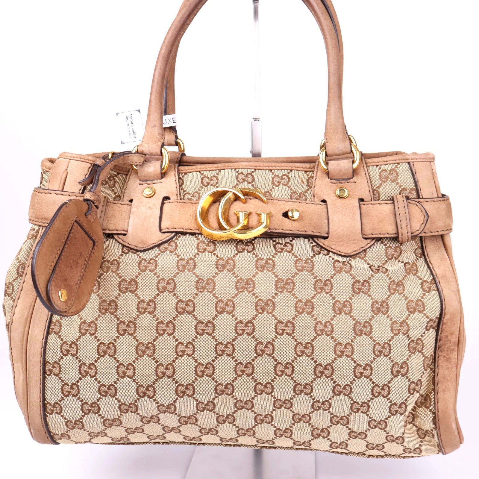 J3413 Gucci GG Monogram Canvas Leather Tote Bag Brown- Pre Owned