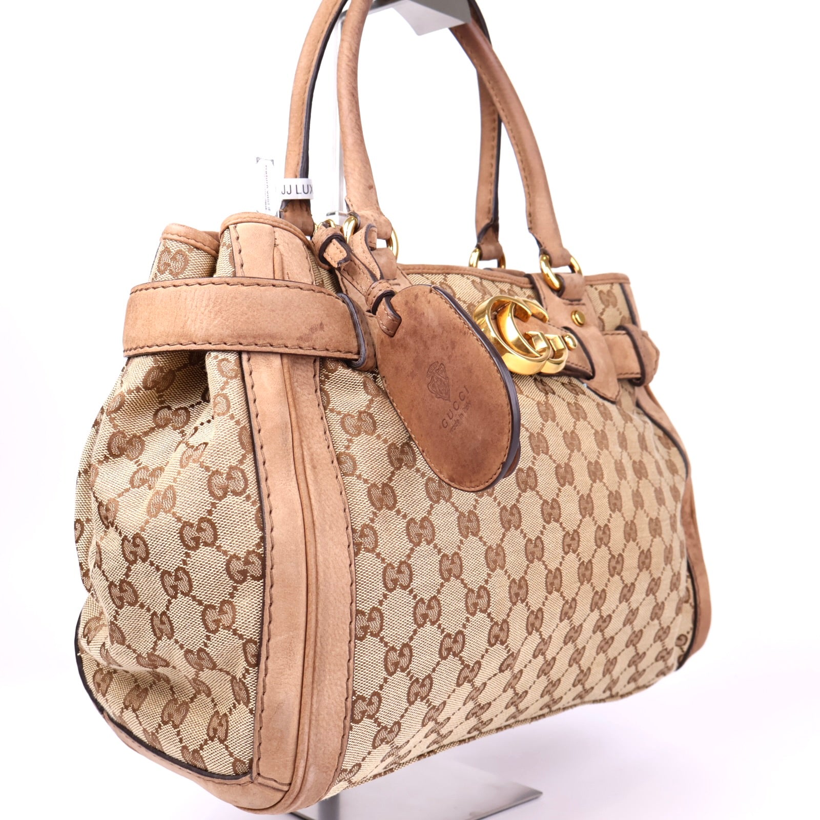 J3413 Gucci GG Monogram Canvas Leather Tote Bag Brown- Pre Owned