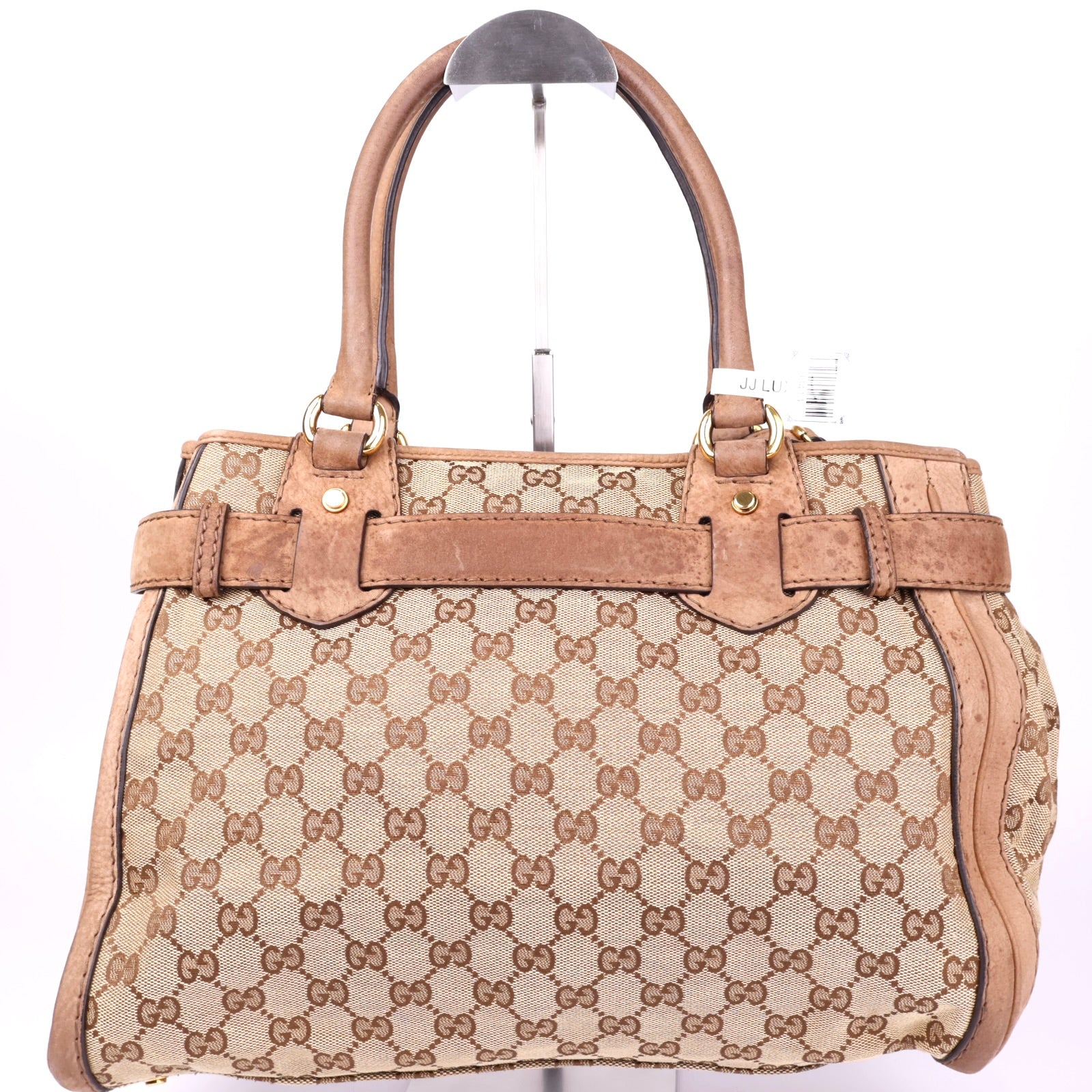 J3413 Gucci GG Monogram Canvas Leather Tote Bag Brown- Pre Owned