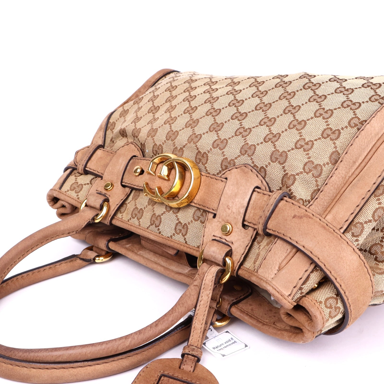 J3413 Gucci GG Monogram Canvas Leather Tote Bag Brown- Pre Owned