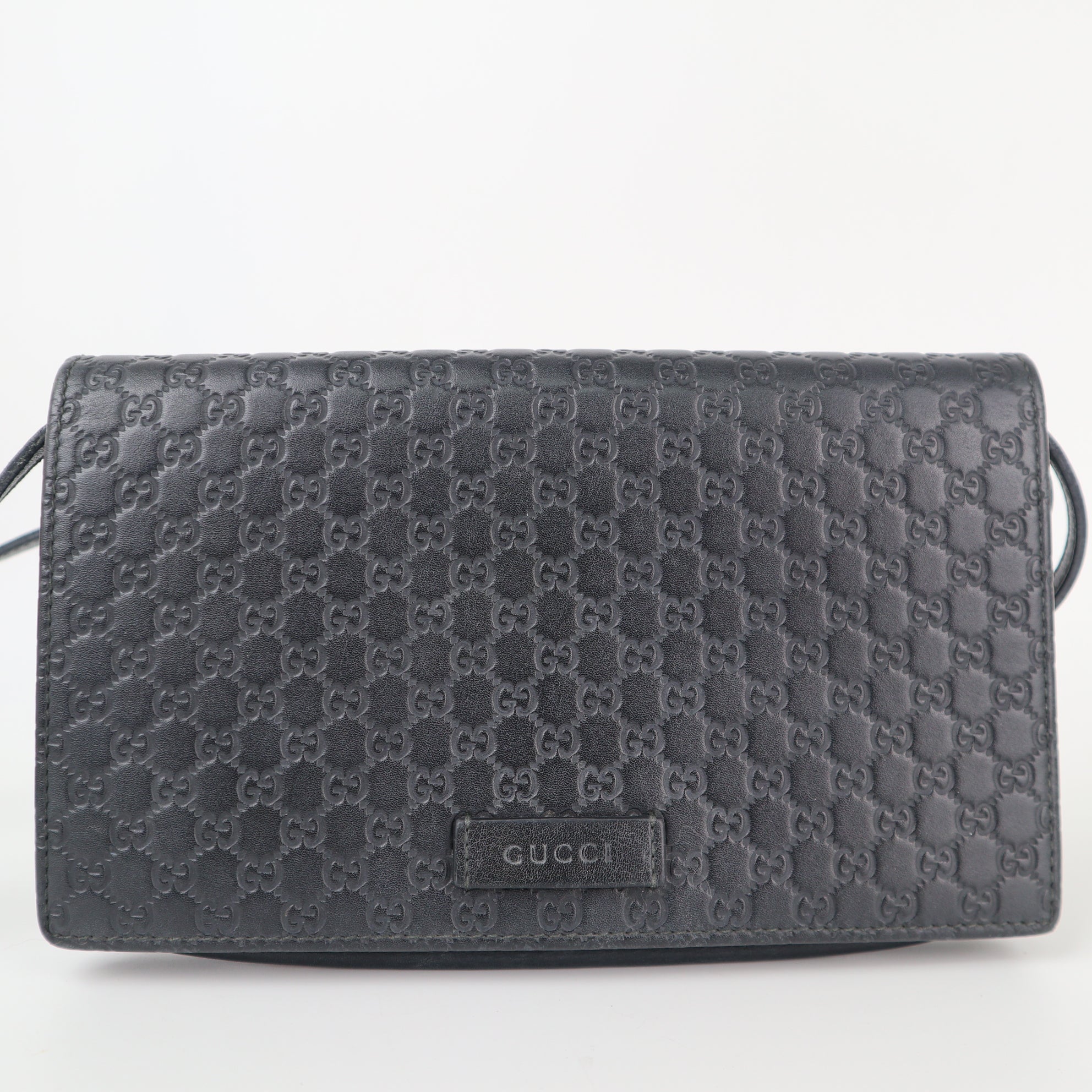 C1950 Gucci Wallet GG Micro Leather Crossbody Wallet Black | Pre-Owned Very Good Black Leather