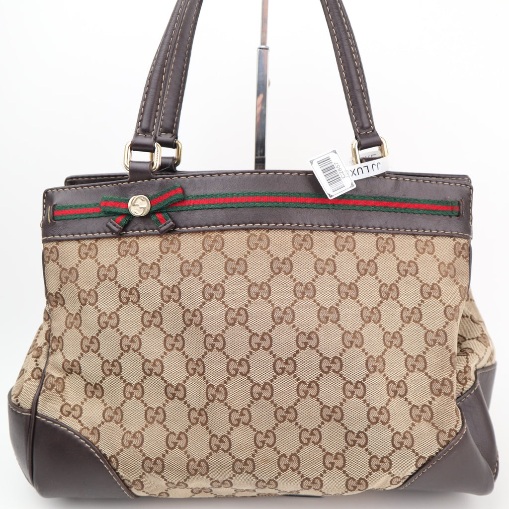 C2857 Gucci Shoulder Bag GG Canvas Mayfair Web Stripe Bow Tote | Pre-Owned Very Good Brown Canvas GG Monogram, Web Stripe