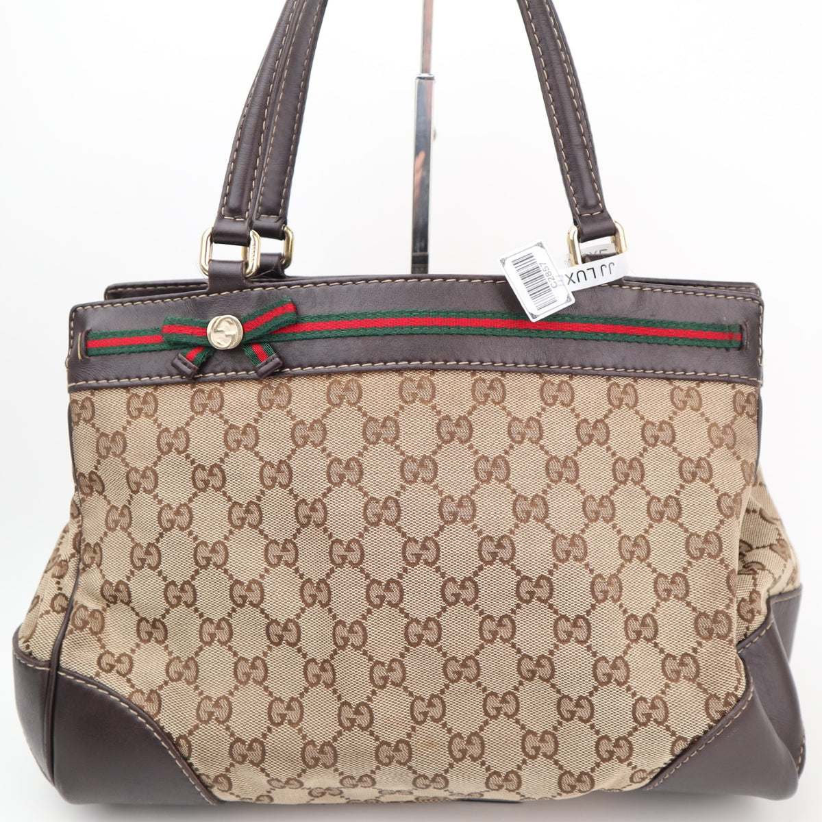 C2857 Gucci Shoulder Bag GG Canvas Mayfair Web Stripe Bow Tote | Pre-Owned Very Good Brown Canvas GG Monogram, Web Stripe