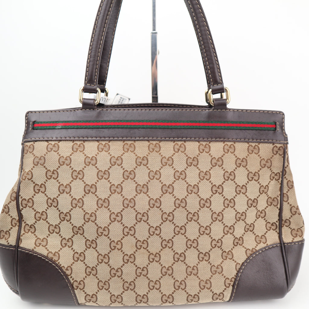 C2857 Gucci Shoulder Bag GG Canvas Mayfair Web Stripe Bow Tote | Pre-Owned Very Good Brown Canvas GG Monogram, Web Stripe