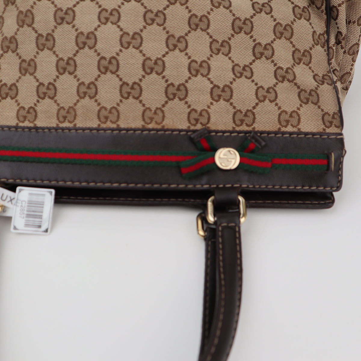 C2857 Gucci Shoulder Bag GG Canvas Mayfair Web Stripe Bow Tote | Pre-Owned Very Good Brown Canvas GG Monogram, Web Stripe