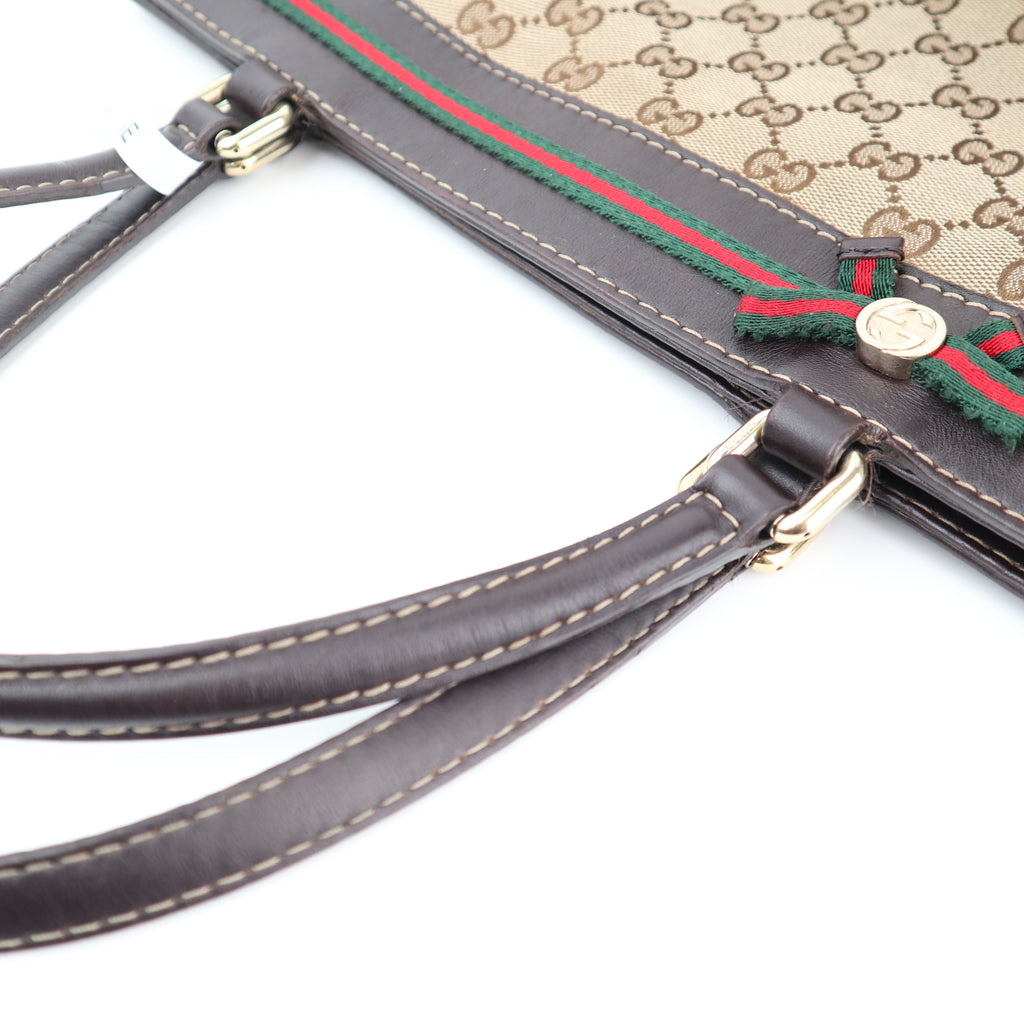 C2857 Gucci Shoulder Bag GG Canvas Mayfair Web Stripe Bow Tote | Pre-Owned Very Good Brown Canvas GG Monogram, Web Stripe