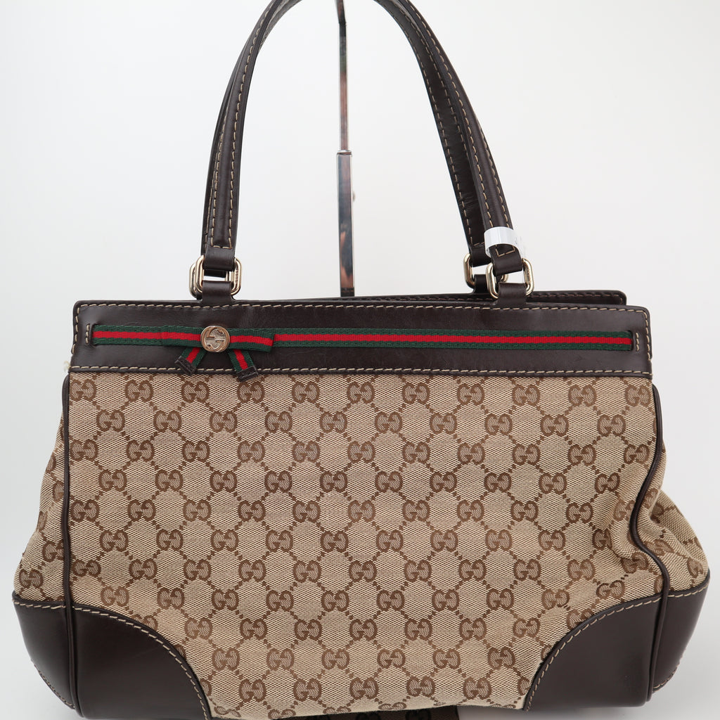 C2858 Gucci Shoulder Bag GG Canvas Mayfair Web Stripe Bow Tote | Pre-Owned Excellent Brown Canvas GG Monogram, Web Stripe