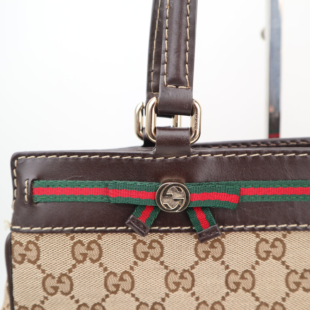 C2858 Gucci Shoulder Bag GG Canvas Mayfair Web Stripe Bow Tote | Pre-Owned Excellent Brown Canvas GG Monogram, Web Stripe