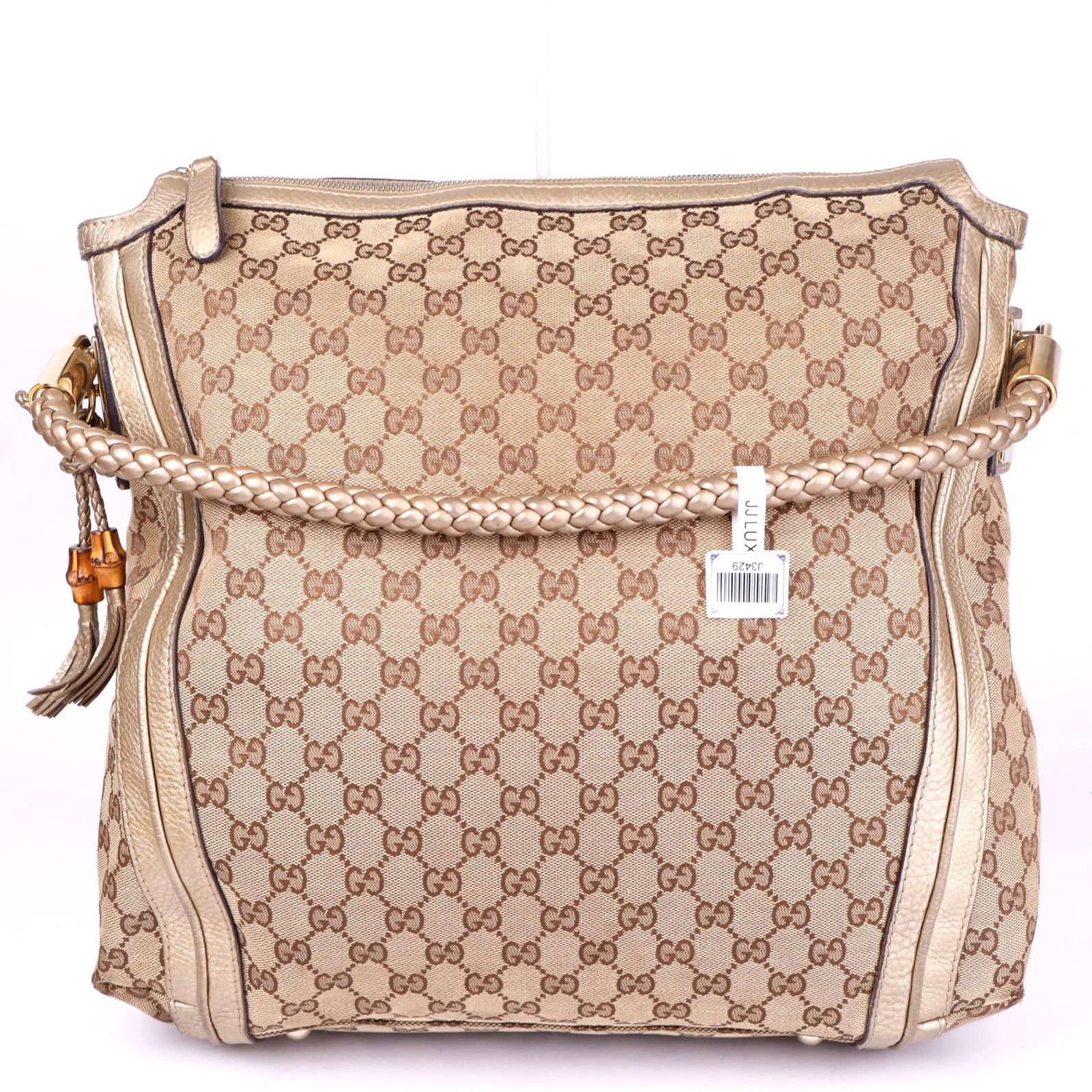 J3429 Gucci Beige/Gold GG Canvas Large Bella Hobo Bag- Pre Owned