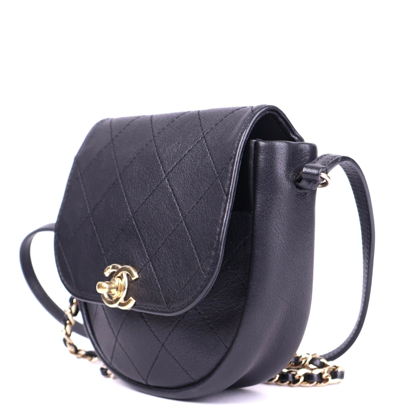 J3730 Chanel Black Diamond Stitch Leather Small Messenger Flap Bag- Pre Owned