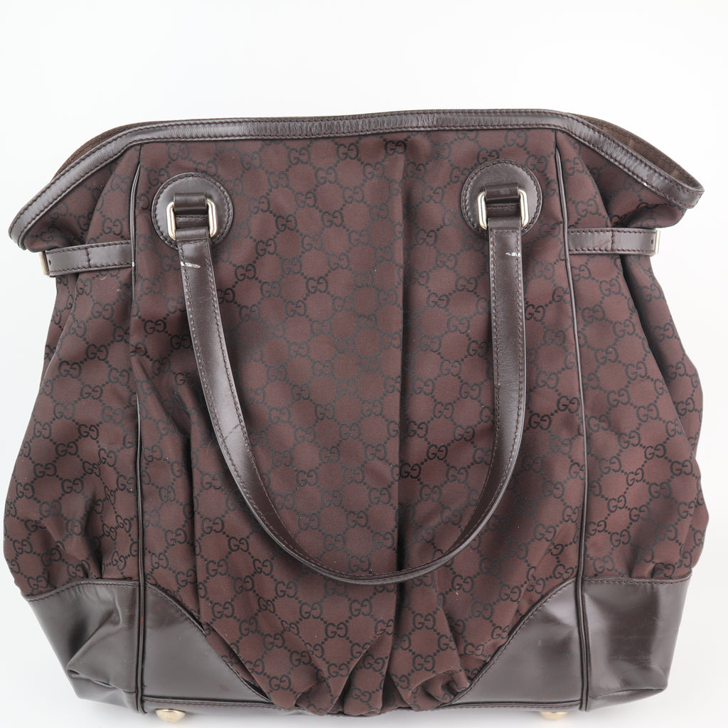 C2118 Gucci Shoulder Bag Full Moon Tote | Pre-Owned Excellent Dark Brown GG nylon