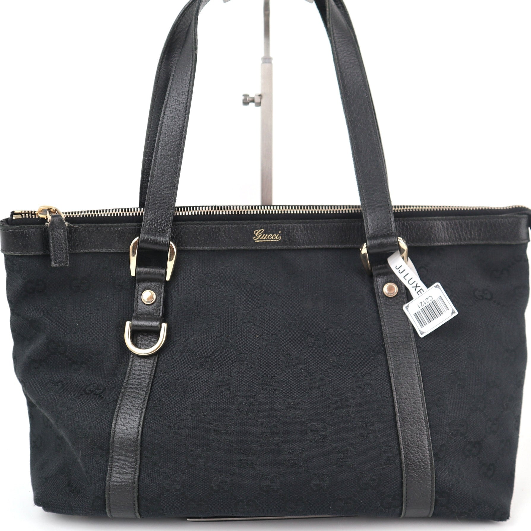 C2121 Gucci Tote Bag Abbey D-Ring | Pre-Owned Excellent Black GG canvas