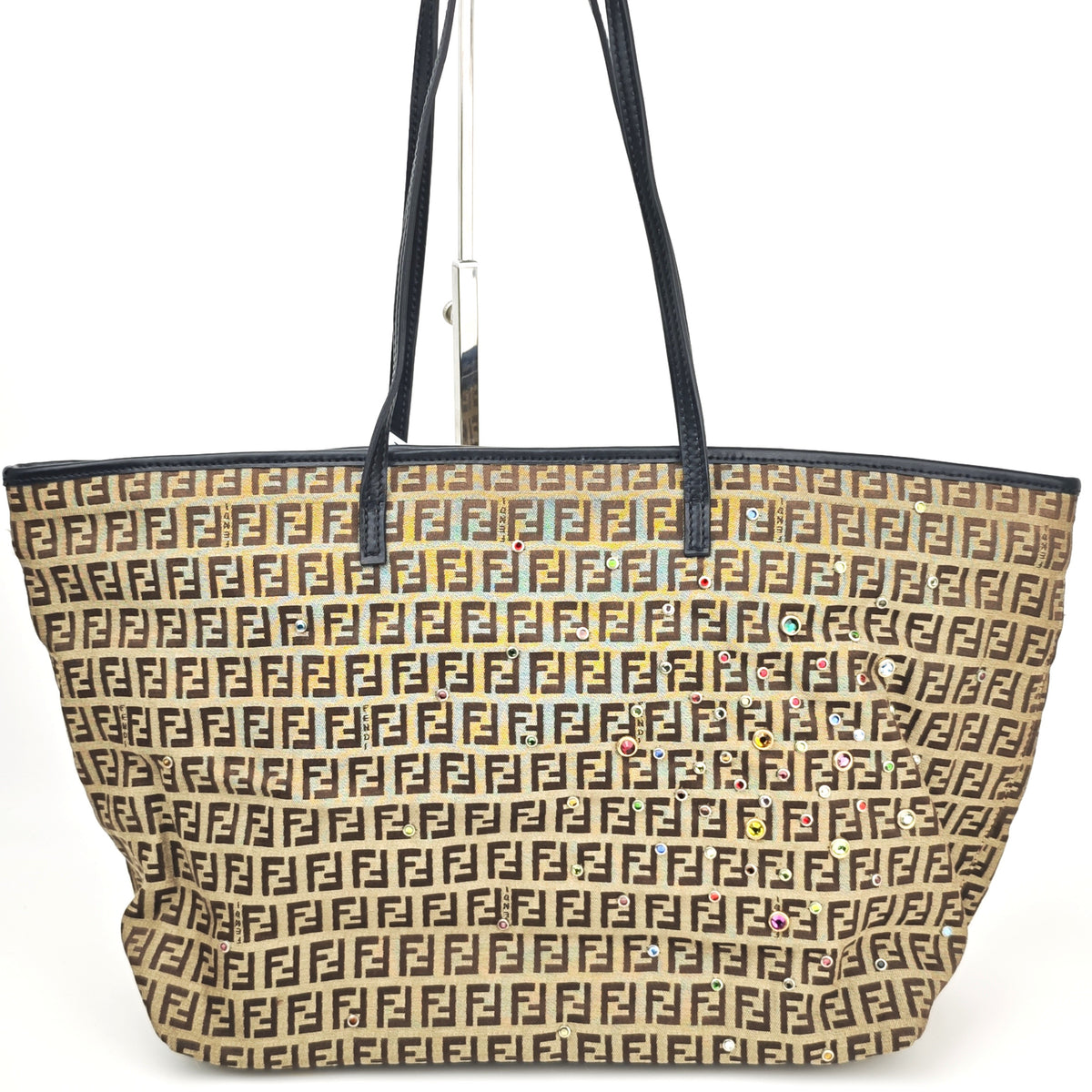 C2875 Fendi Tote Bag Vintage Zucca Canvas Crystal Studded Tote | Pre-Owned Excellent Brown Zucca Canvas