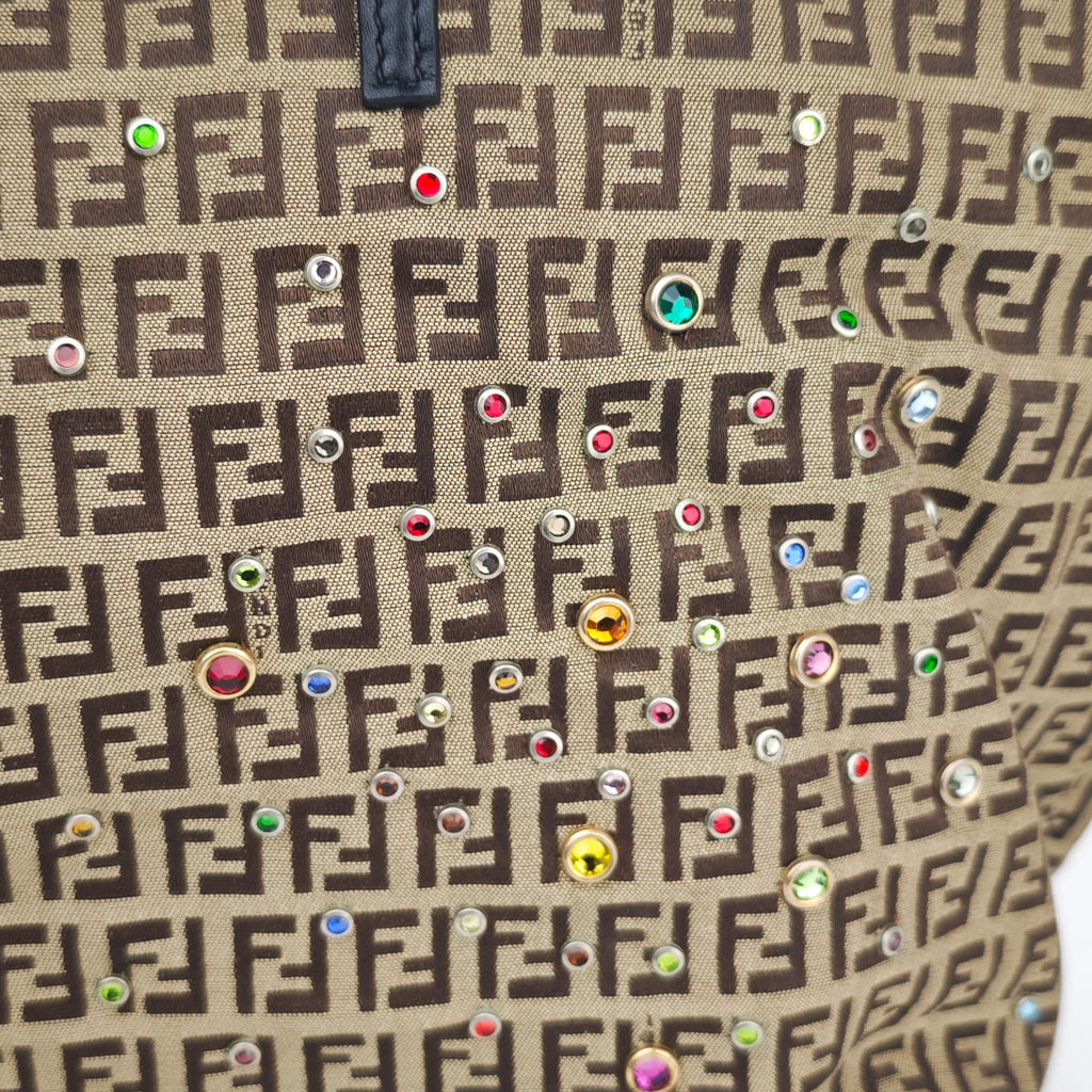 C2875 Fendi Tote Bag Vintage Zucca Canvas Crystal Studded Tote | Pre-Owned Excellent Brown Zucca Canvas