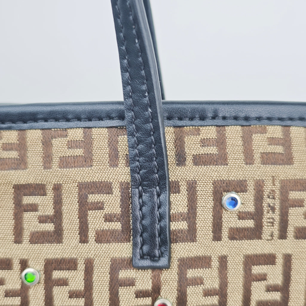 C2875 Fendi Tote Bag Vintage Zucca Canvas Crystal Studded Tote | Pre-Owned Excellent Brown Zucca Canvas