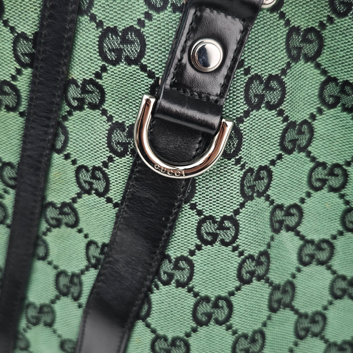 C2904 Gucci Tote Bag GG Canvas Leather Trim Tote Mint Green | Pre-Owned Excellent Mint Green GG Canvas, Leather