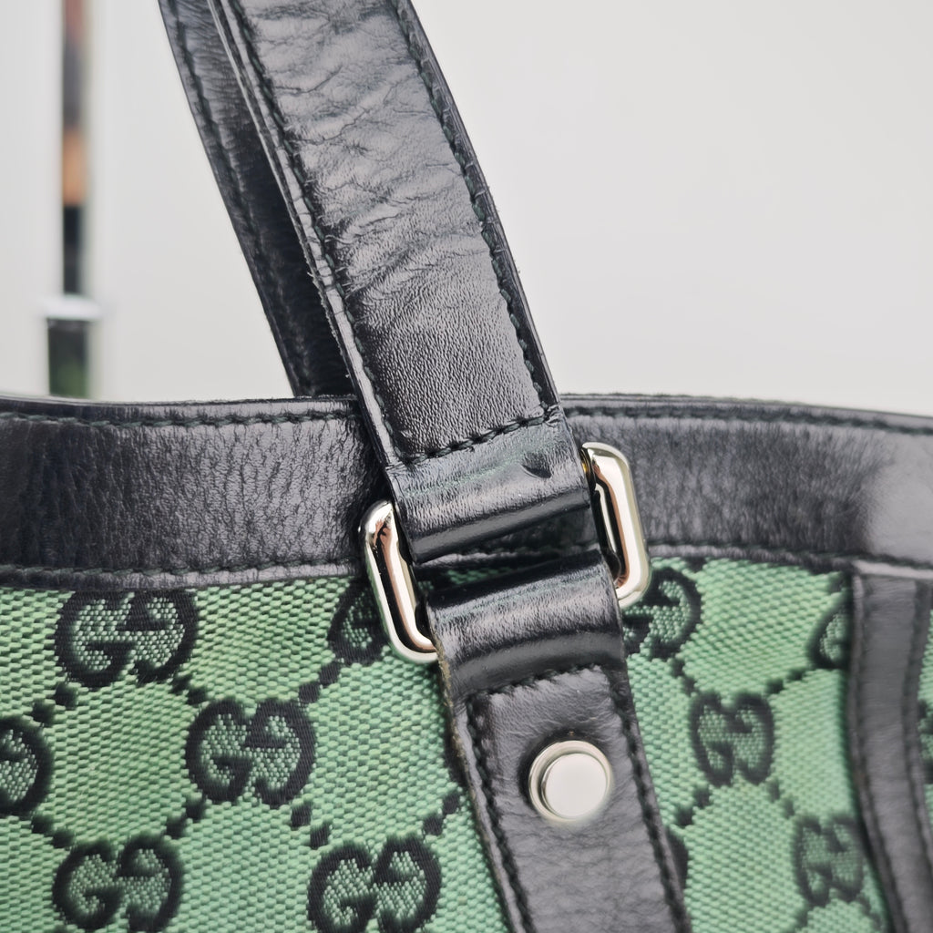 C2904 Gucci Tote Bag GG Canvas Leather Trim Tote Mint Green | Pre-Owned Excellent Mint Green GG Canvas, Leather