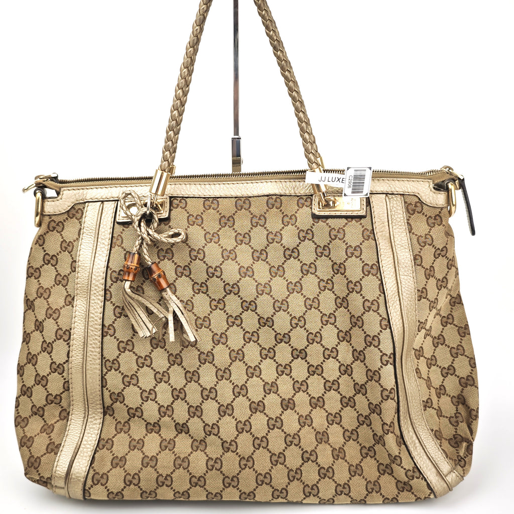 C2906 Gucci Shoulder Bag GG Canvas Bella Tote Bamboo Tassels | Pre-Owned Very Good Beige / Brown GG Canvas