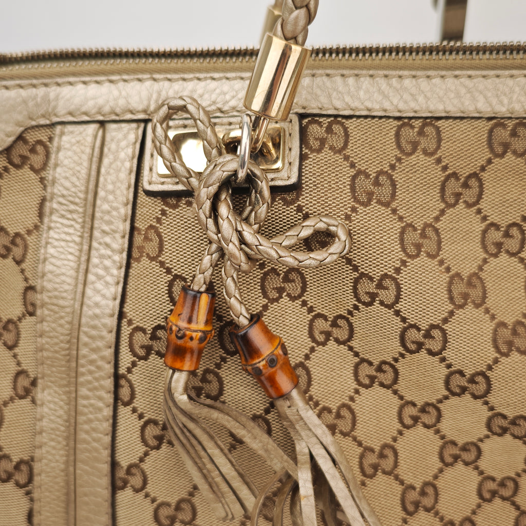 C2906 Gucci Shoulder Bag GG Canvas Bella Tote Bamboo Tassels | Pre-Owned Very Good Beige / Brown GG Canvas
