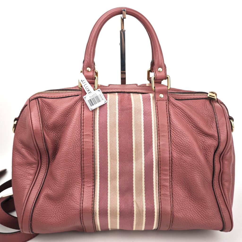 C2912# Gucci Top Handle Bag Vintage Web Calfskin Boston Bag Medium | Pre-Owned Very Good Brown Web Stripe Calfskin Leather