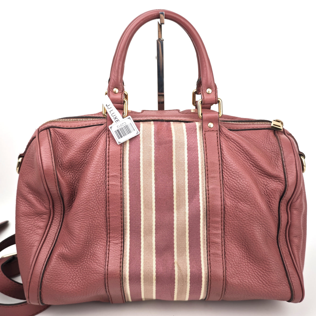 C2912# Gucci Top Handle Bag Vintage Web Calfskin Boston Bag Medium | Pre-Owned Very Good Brown Web Stripe Calfskin Leather