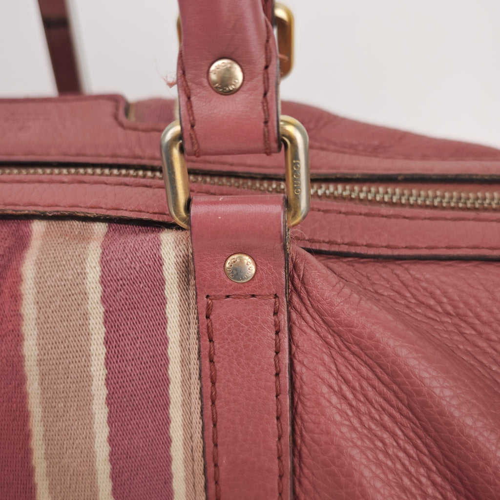 C2912# Gucci Top Handle Bag Vintage Web Calfskin Boston Bag Medium | Pre-Owned Very Good Brown Web Stripe Calfskin Leather