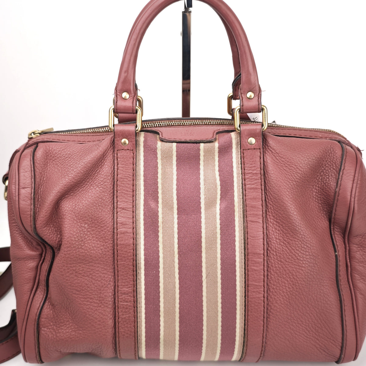 C2912# Gucci Top Handle Bag Vintage Web Calfskin Boston Bag Medium | Pre-Owned Very Good Brown Web Stripe Calfskin Leather