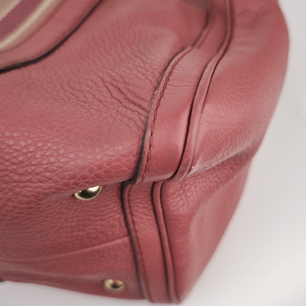 C2912# Gucci Top Handle Bag Vintage Web Calfskin Boston Bag Medium | Pre-Owned Very Good Brown Web Stripe Calfskin Leather