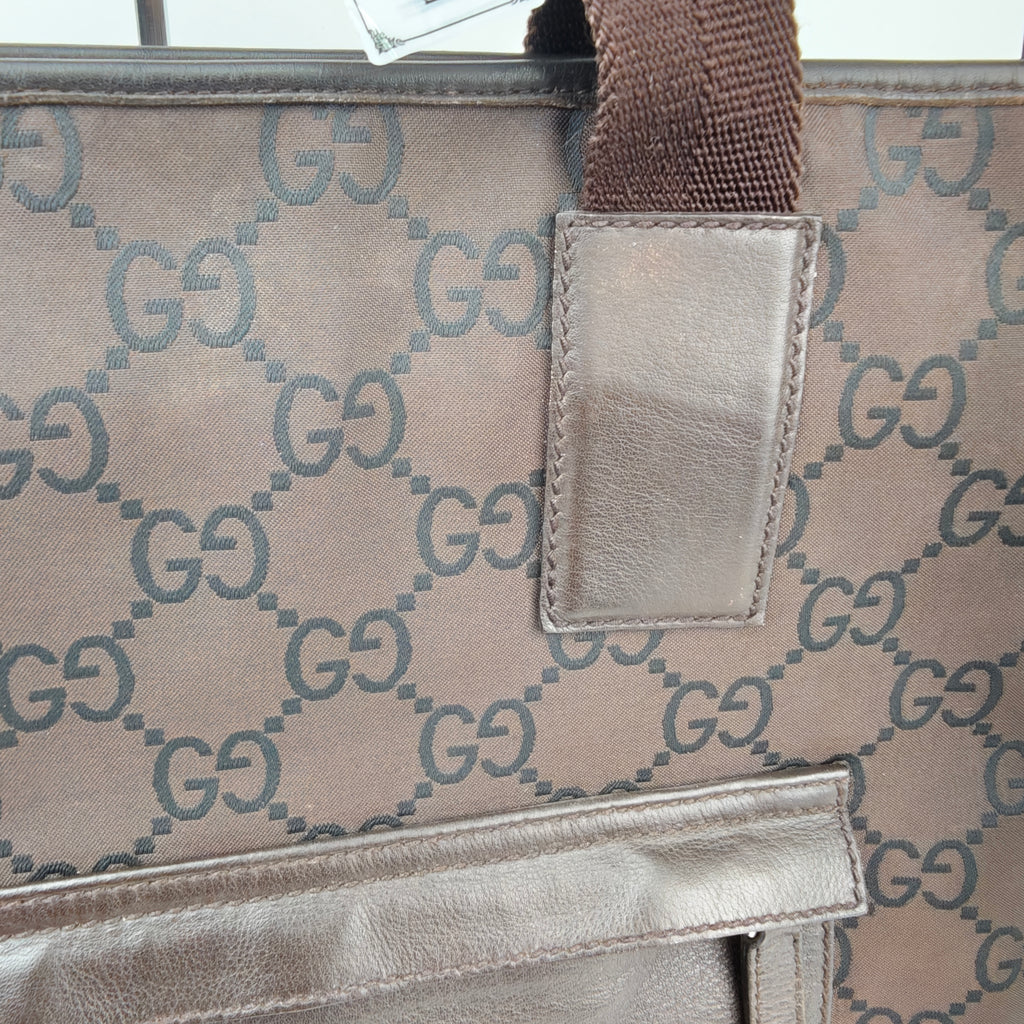 C2913 Gucci Tote Bag GG Canvas Zip Pocket Tall Tote | Pre-Owned Very Good Beige / Brown GG Canvas