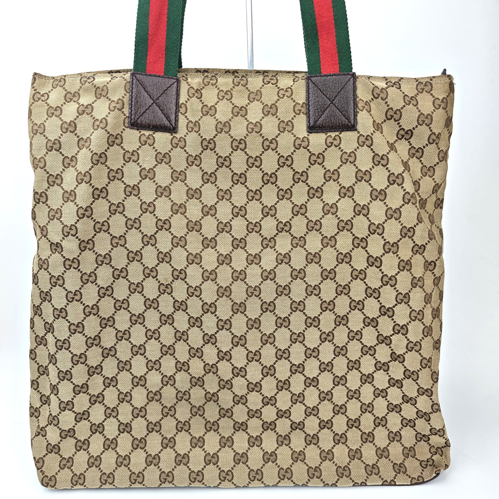 C2915 Gucci Tote Bag GG Canvas Web Stripe Tote | Pre-Owned Very Good Beige / Brown GG Canvas