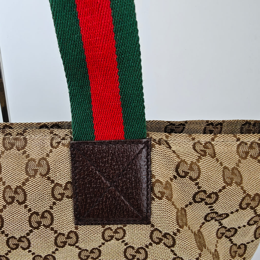 C2915 Gucci Tote Bag GG Canvas Web Stripe Tote | Pre-Owned Very Good Beige / Brown GG Canvas